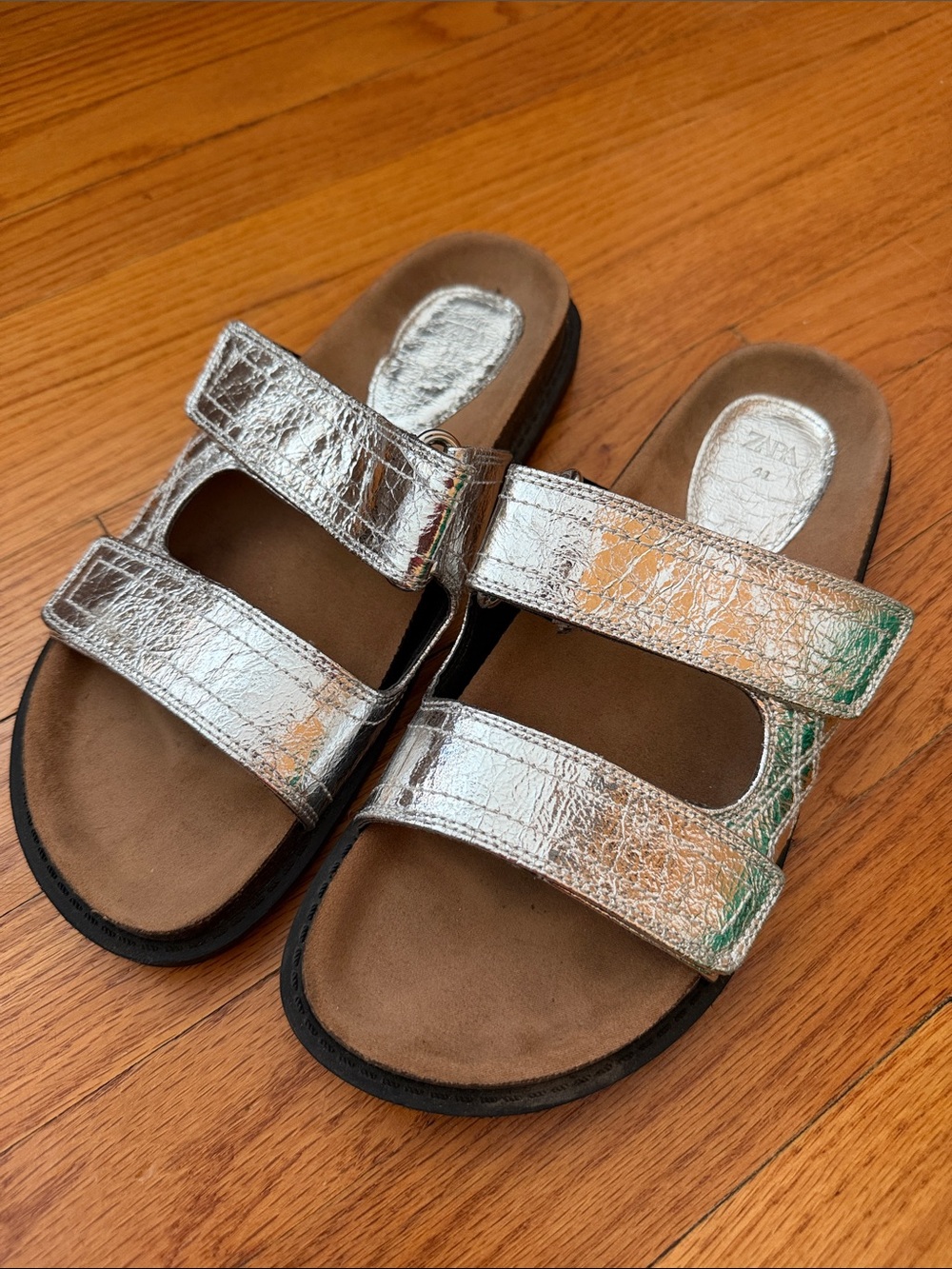 METALLIC EFFECT FLAT SANDALS ZARA,   Silver Metallic Double Strap Slide Sandals